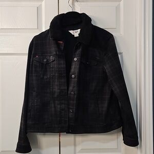 EV1 Women's Black & Grey Plaid Button Up Removable Fleece Collar Jacket XL